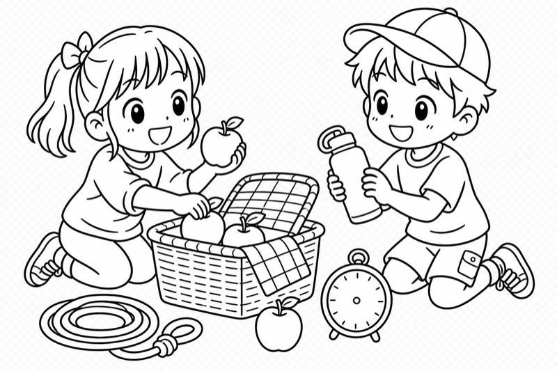 ピクニックの準備をする子どもの白黒線画（このプロンプトで生成した実物）